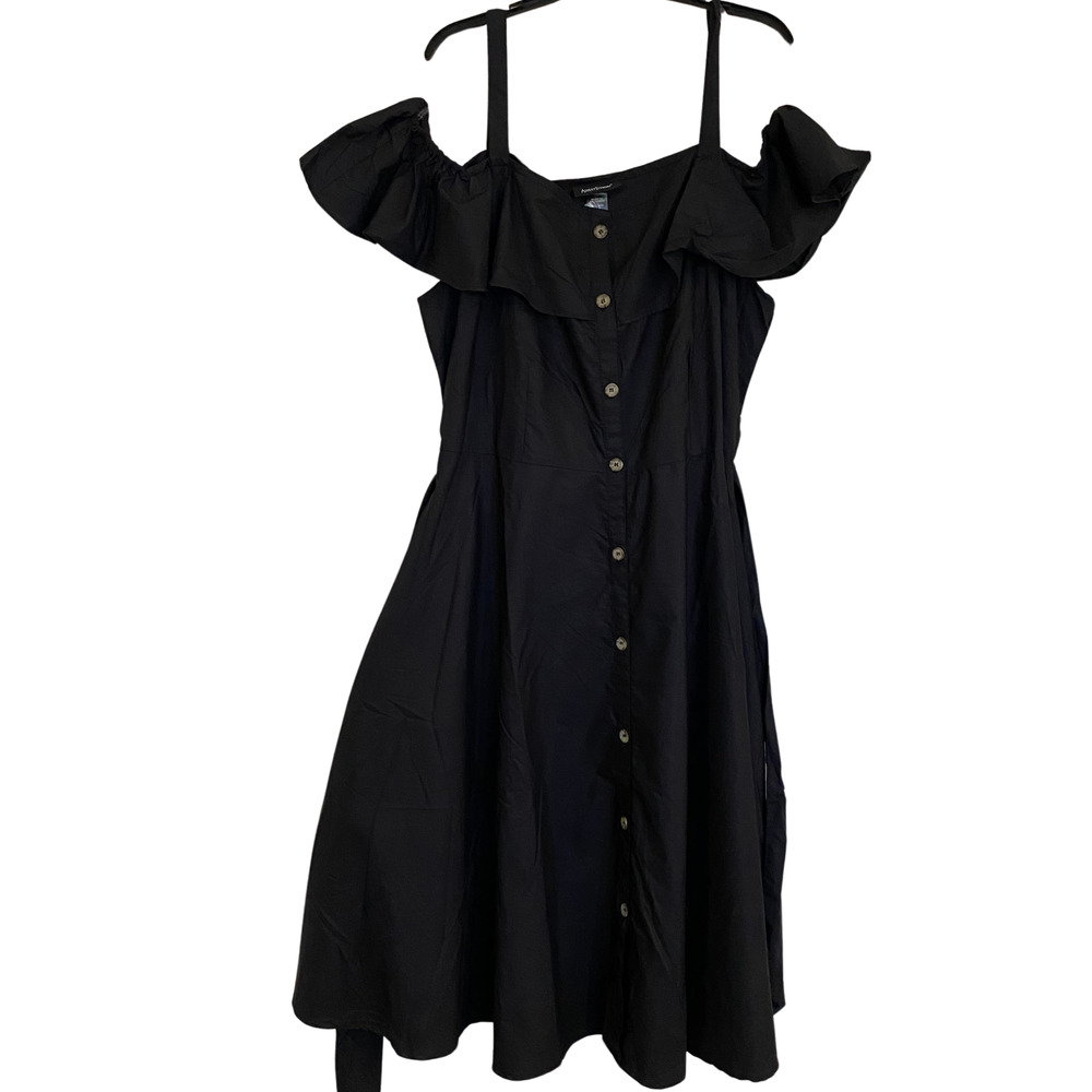 Black Summer Dress Size 22/24 Fit & Flare Belted Waist Shoulder Straps NEW